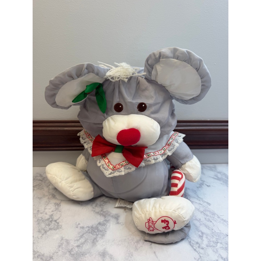 Vintage 1987 Fisher Price Christmas Mouse Plush Candy Cane 8016 Gray Red White - Picture 14 of 14